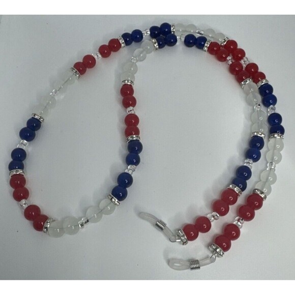 27" Eyeglass Chain Bracelet Earring Set Red White Blue Glass Beads Handmade - Picture 3 of 12